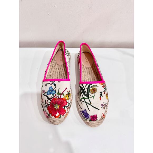 Gucci Flora Print Leather-Trimmed Canvas Espadrilles Shoes White Women's Size 39 - Picture 1 of 6